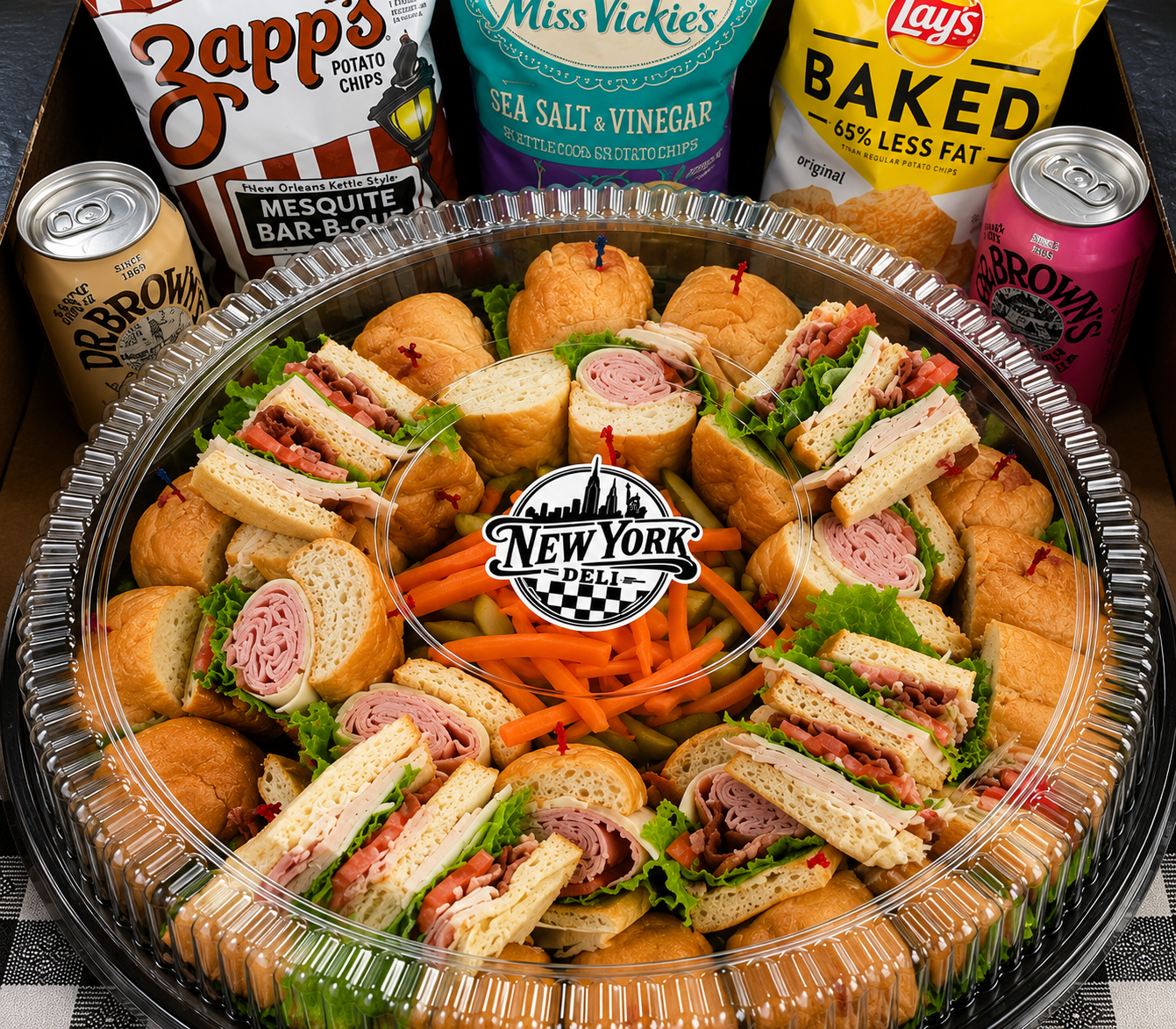 New York Deli sandwich platter with assorted meats, rolls, and chips
